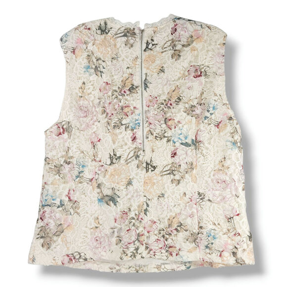 Nanette Lepore Floral Lace Top Ivory Pink Blue Scalloped Neck Back Zip Pastel XL - Picture 2 of 7